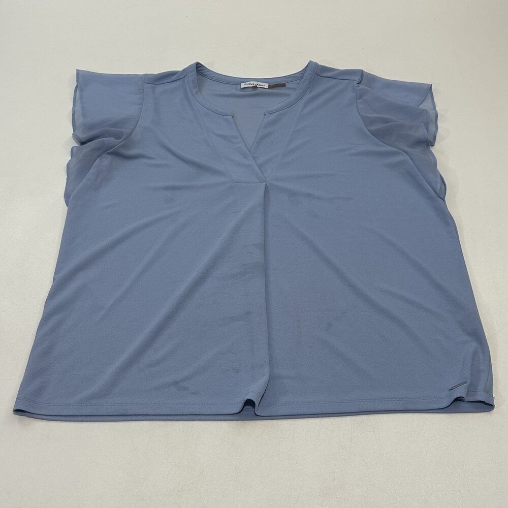 Calvin Klein Women's Blouse Light Blue Sheer Flutter Sleeves, Size XL